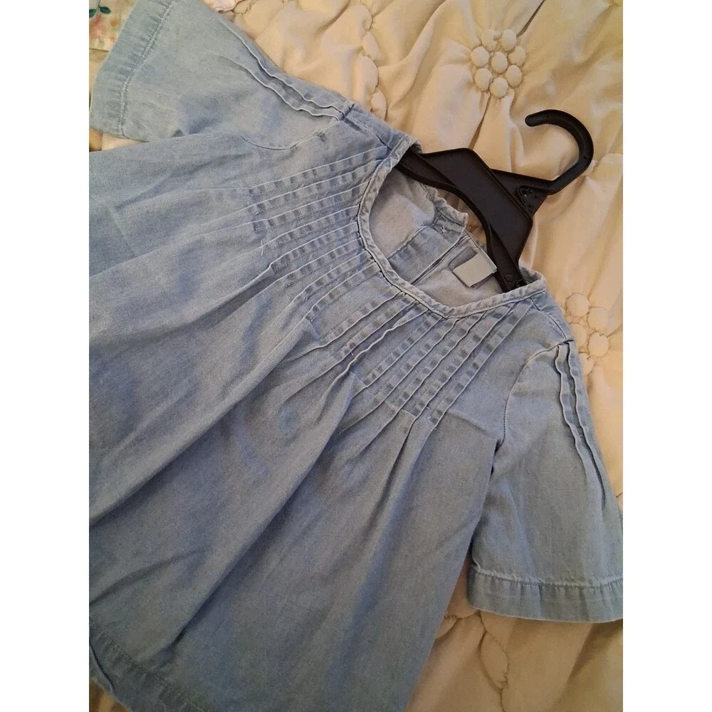 Baby Gap Girls Blue Chambray Denim Pintuck Pleated 3/4 Sleeve Top